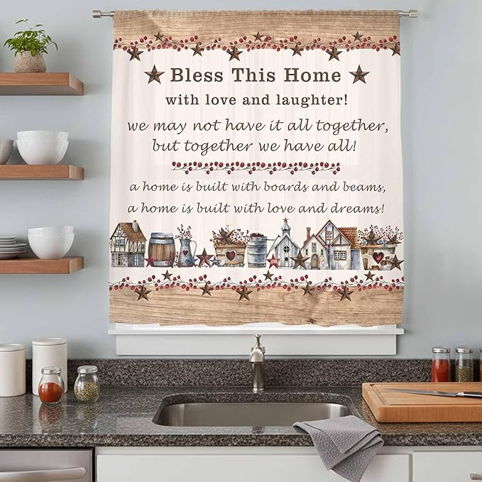Farmhouse Sheer Curtains 45 Inch Length Country Star Barn Berry Brown Wood Plank Chiffon Curtain for Bedroom Living Room Light Filtering Rod Pocket Window Treatments Voile Curtains Drapes for Kitchen