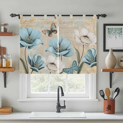 Spring Flowers Kitchen Curtains 45 Inch Length, Short Cafe Window Curtains Tab Top, Vintage Rustic Tulips Floral Butterfly Khaki Light Filtering Window Treatments Tier Drapes 27.5"x45" 2 Panel