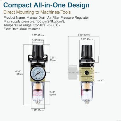 1/4" NPT Air Compressor Filter Regulator Combo, Water Separator Air Pressure Regulator with Gauge AW2000-02