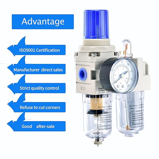 BLCH 1/4" NPT Air Compressor Water Separator - Air Pressure Regulator Compressed Air Filter Regulator Lubricator Combo AC2010-02 Manual Drain Poly Bowl Gauge 0-160 PSI 5μm Brass
