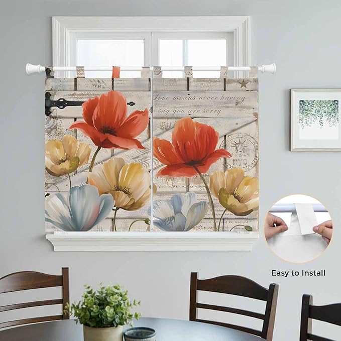 Retro Floral Kitchen Curtains 45 Inch Length, Short Cafe Window Curtains Tab Top, Red Yellow Tulips Barm Doors Farmhouse Wooden Light Filtering Window Treatments Tier Drapes 27.5"x45" 2 Panel