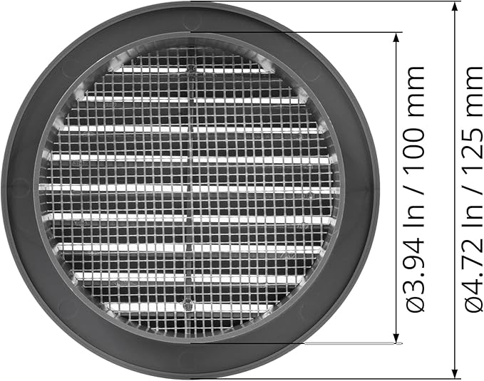 Graphite/Gray 4" Inch Round Ventilation Grille with Screen mesh. (Duct 4Ø / Grille 5Ø) Ventilation Applications. Indoor and Outdoor Vent Cover. Available 3 Sizes / 4 Colors.