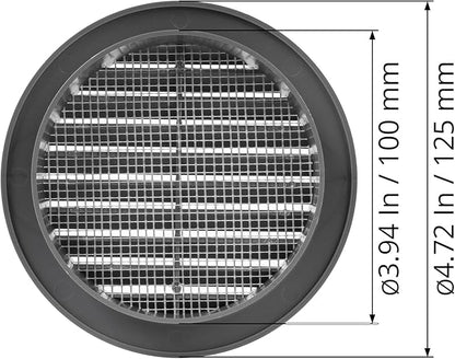 Graphite/Gray 4" Inch Round Ventilation Grille with Screen mesh. (Duct 4Ø / Grille 5Ø) Ventilation Applications. Indoor and Outdoor Vent Cover. Available 3 Sizes / 4 Colors.