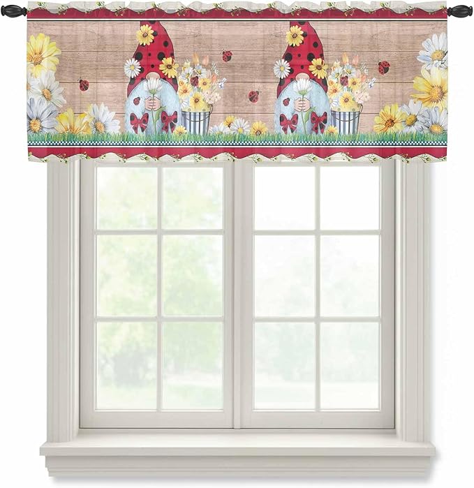 Ladybug Gnome Sheer Valance Curtains, Country Summer Rustic White Yellow Daisy Floral Wood Grain Light Filtering Kitchen Valances Rod Pocket Voile Curtain for Bedroom/Living Room/Basement 42Wx18L