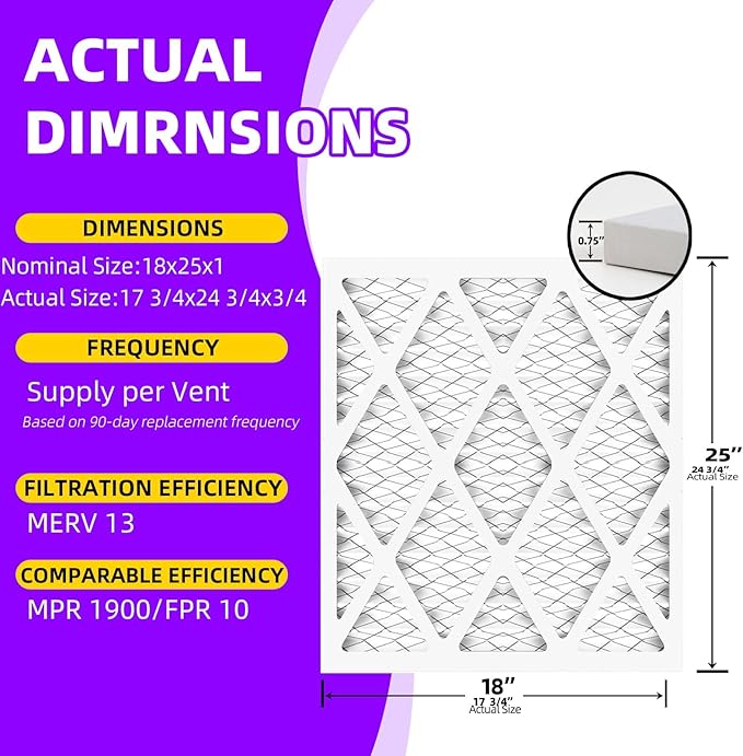 18x25x1 MERV 13 (6-Pack) Pleated Air Filter (Actual Size: 17.75x24.75x0.75") MPR 1900 & FPR 10, Furnace Air Filters,18x25x1 air filter