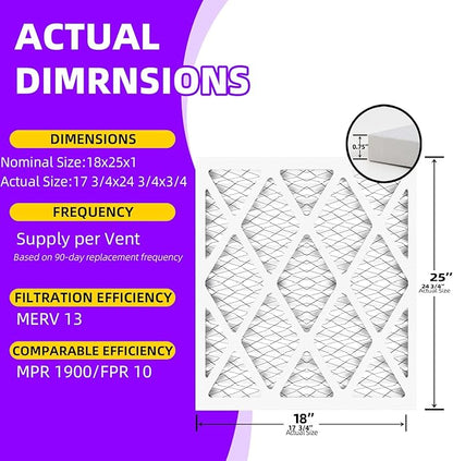 18x25x1 MERV 13 (6-Pack) Pleated Air Filter (Actual Size: 17.75x24.75x0.75") MPR 1900 & FPR 10, Furnace Air Filters,18x25x1 air filter