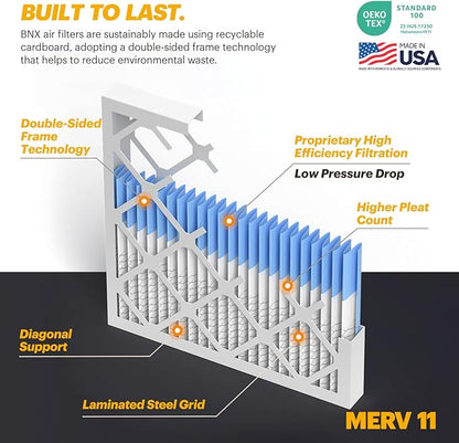 BNX TruFilter 10x10x1 Air Filter MERV 11 (4-Pack) - MADE IN USA - Allergen Defense Electrostatic Pleated Air Conditioner HVAC AC Furnace Filters for Allergies, Dust, Pet, Smoke, Allergy MPR 1200 FPR 7