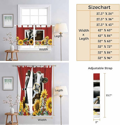 Cows Sunflowers Living Room Curtains 84 Inch Length, Window Curtains Tab Top, Spring Botanical Floral Bees Red Barn Light Filtering Window Treatments Drapes 52"x84" 2 Panel