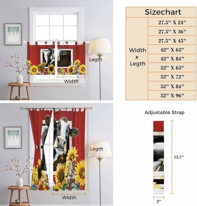 Cows Sunflowers Bedroom Curtains 72 Inch Length, Window Curtains Tab Top, Spring Botanical Floral Bees Red Barn Light Filtering Window Treatments Drapes 52"x72" 2 Panel