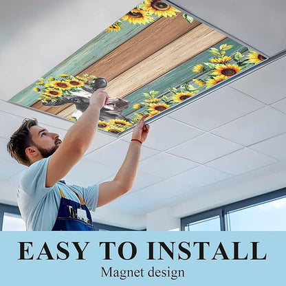 Fluorescent Light Covers Farm Cow Sunflower Magnetic Light Filters Vintage Blue Green Wood Grain Ceiling Light Covers for Classroom Office Home Drop Ceiling Lamp Decor 3 Pieces