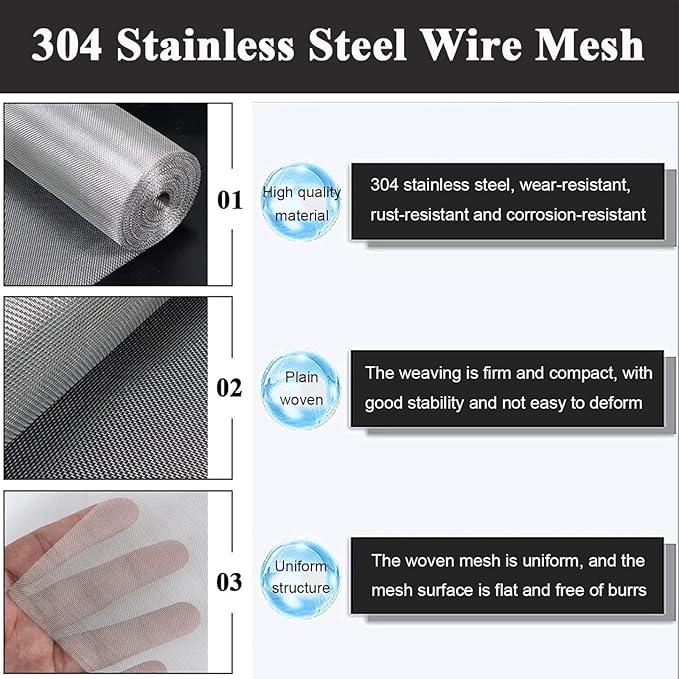 Stainless Steel Woven Wire Mesh, 304 Insect Screen, 30 Mesh Window Grid, Metal Netting, Ripstop Wire Cloth, Air Vent Protection Mesh, Woven Stainless Filter Panel