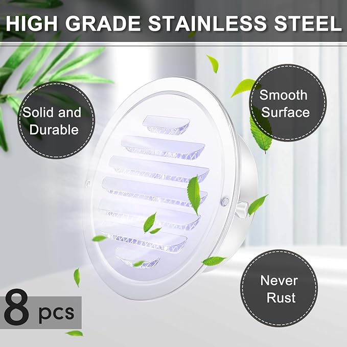 Zonon 8pcs Stainless Steel Soffit Vents 6 Inch Round Dryer Vent Cover with Mesh Screen for Home Outdoor Bathroom Wall Ceiling Outside Exterior Exhaust White