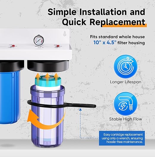 PUREPLUS 2-Stage Whole House Water Filtration System, Reduces Iron, Manganese, Chlorine & Odor, 10" x 4.5" Blue Housings, 1" Inlet/Outlet, RFN Iron & Certified CTO Carbon Filters