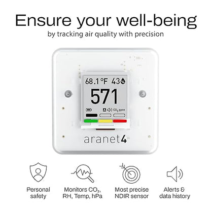 SAF Aranet4 Home: Wireless Indoor Air Quality Monitor for Office or School (CO2, Temperature, Humidity and More) Portable, Battery Powered, E-Ink Screen, App for Configuration & Data History