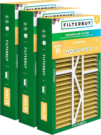 Filterbuy 16x25x5 Air Filter MERV 11 Superior Pet & Allergy Defense (3-Pack), Pleated HVAC AC Furnace Filters for Amana, Coleman, Goodman, Maytag, York, and More (Actual Size: 15.38 x 25.50 x 5.25)