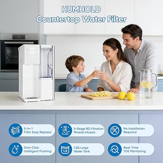 Water Filter Countertop Reverse Osmosis System 5-in-1 Countertop Water Filtration, 4:1 Pure to Drain, No Installation Required Portable Water Purifier
