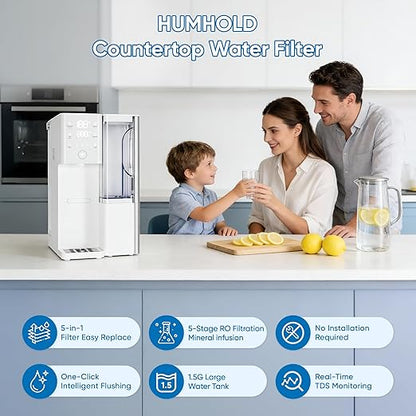 Water Filter Countertop Reverse Osmosis System 5-in-1 Countertop Water Filtration, 4:1 Pure to Drain, No Installation Required Portable Water Purifier