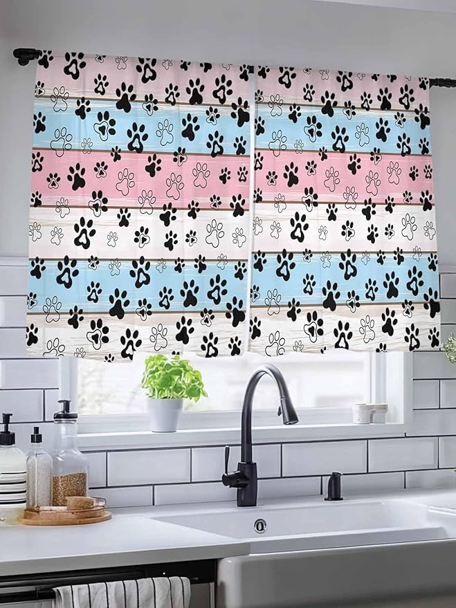 Sheer Curtains 45 Inch Length, Pink Blue Paw Print Semi Sheer Curtains Light Filtering Window Treatment, Vintage Farmhouse Wooden Grain Privacy Voile Drapes for Living Room Bedroom 52x45 Inch