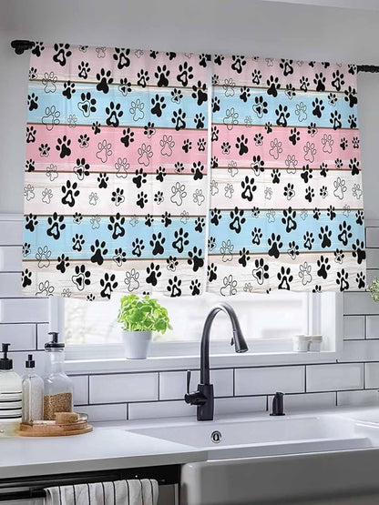 Sheer Curtains 54 Inch Length, Pink Blue Paw Print Semi Sheer Curtains Light Filtering Window Treatment, Vintage Farmhouse Wooden Grain Privacy Voile Drapes for Living Room Bedroom 52x54 Inch