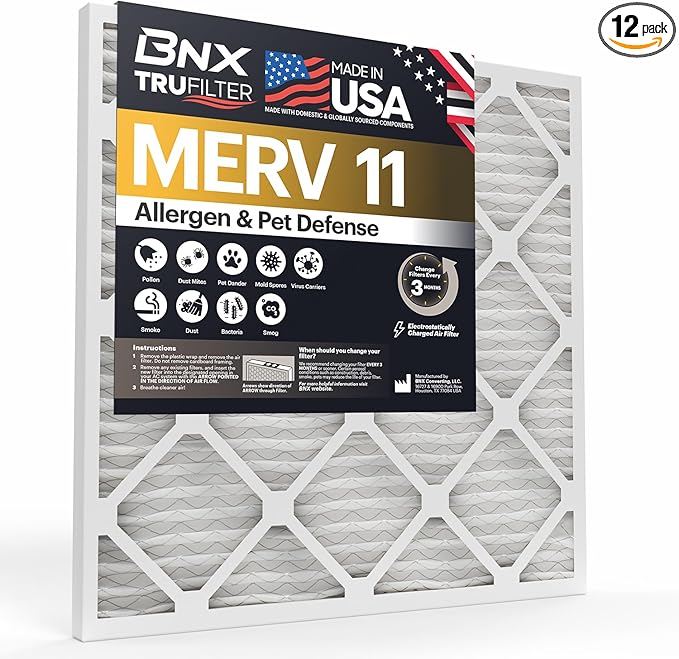 BNX TruFilter 14x18x1 Air Filter MERV 11 (12-Pack - MADE IN USA - Allergen Defense Electrostatic Pleated Air Conditioner HVAC AC Furnace Filters for Allergies, Dust, Pet, Smoke, Allergy MPR 1200 FPR 7