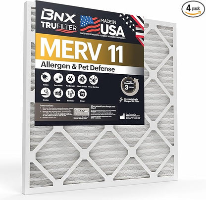 BNX TruFilter 10x30x1 Air Filter MERV 11 (4-Pack) - MADE IN USA - Allergen Defense Electrostatic Pleated Air Conditioner HVAC AC Furnace Filters for Allergies, Dust, Pet, Smoke, Allergy MPR 1200 FPR 7