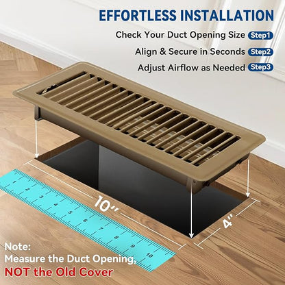 4" x 10" Floor Register Vent Covers 4-Pack, Walkable Powder-Coated Metal Vent Covers with Adjustable Airflow, Curved Safe Edges for Floor/Wall, Brown