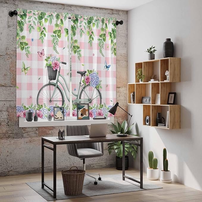 Spring Kitchen Curtains, Bicycles Leaves Butterfly Flowers Pink Buffalo Plaid Light Filtering Window Curtain Panels, 2Pcs Rod Pocket Window Treatments Set for Living Room Bathroom Bedroom 42x63 Inches
