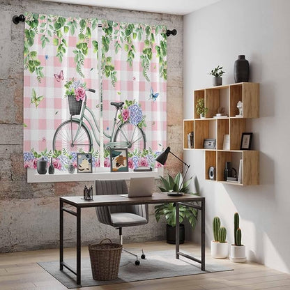 Spring Kitchen Curtains, Bicycles Leaves Butterfly Flowers Pink Buffalo Plaid Light Filtering Window Curtain Panels, 2Pcs Rod Pocket Window Treatments Set for Living Room Bathroom Bedroom 42x63 Inches