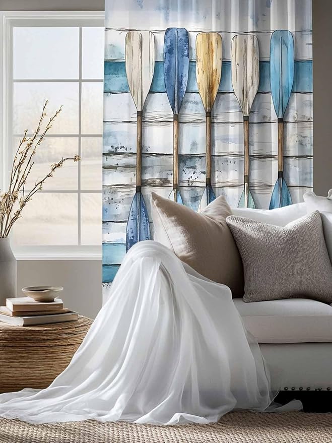 Sheer Curtains 72 Inches Long, Lake Paddle Striped Semi Sheer Curtains Light Filtering Window Treatment, Watercolor Vintage Wood Grain Privacy Voile Drapes for Living Room Bedroom 52x72 Inch