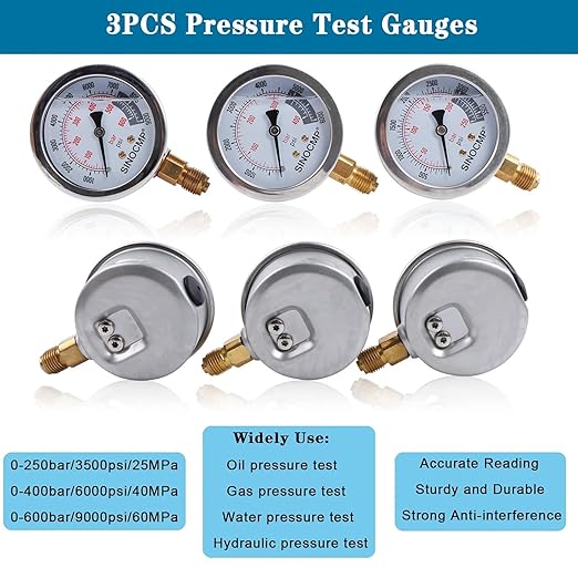SINOCMP Hydraulic Pressure Test Kit with 3 Gauges 25/40/60 Mpa, 9 Couplings, 3 Test Hoses, Hydraulic Gauge Tester Set for Excavator Construction Machinery