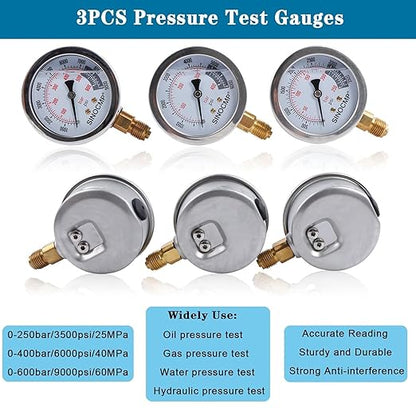SINOCMP Hydraulic Pressure Test Kit with 3 Gauges 25/40/60 Mpa, 9 Couplings, 3 Test Hoses, Hydraulic Gauge Tester Set for Excavator Construction Machinery