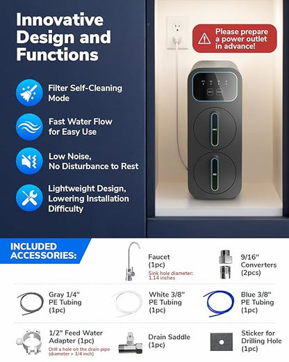E6 600GPD Compact Space-Saving Under Sink RO Water Filter, Reverse Osmosis, 9 Stage Tankless RO Water Filtration System 600 GPD Fast Flow, High Pure to Drain RO Filter Water Purification