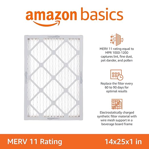 Amazon Basics 14x25x1 Air Filter 6 Pack, MERV 11 AC Furnace Filters (Actual Size: 13.75" x 24.75" x 0.75")