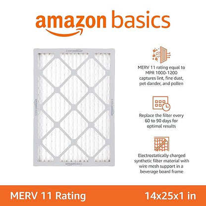 Amazon Basics 14x25x1 Air Filter 6 Pack, MERV 11 AC Furnace Filters (Actual Size: 13.75" x 24.75" x 0.75")