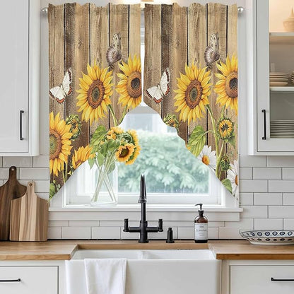Farmhouse Sunflowers Swag Valances for Windows, Rustic Floral Buttterfly Wood Board Brown Rod Pocket Kitchen Curtains Valance, Kitchen Window Curtains Swag for Cafe Living Room, 2 Panels, 36x45 inch