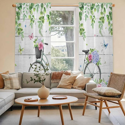 Spring Kitchen Curtains, Bicycles Botanical Rose Leaves Butterfly Wood Grain Light Filtering Window Curtain Panels, 2Pcs Rod Pocket Window Treatments Set for Living Room Bathroom Bedroom 52x72 Inches