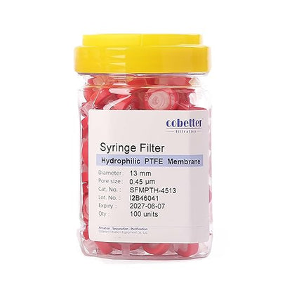 100 Pack Syringe Filter PTFE hydrophilic Lab Filters 0.45μm Pore Size 13mm Diameter Filtration Non-sterile Red