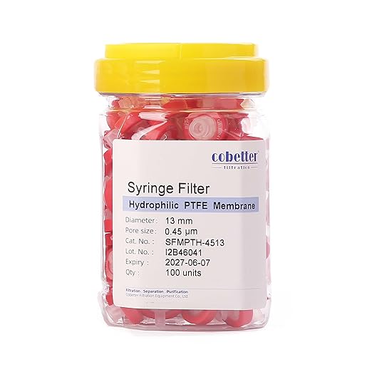 100 Pack Syringe Filter PTFE hydrophilic Lab Filters 0.45μm Pore Size 13mm Diameter Filtration Non-sterile Red