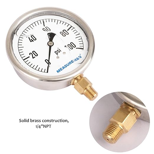 MEASUREMAN 4" Dial Size, Glycerin Filled Plumbing Pressure Gauge, 0-100psi, Stainless Steel Case, 1/4" NPT Lower Mount