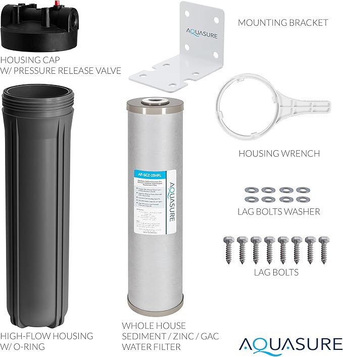 Aquasure Fortitude V2 Series Triple Purpose Sediment/Carbon/Zinc Bacteria Inhibiting Water Treatment Pre-Filter with Housing System, Large Size | Removes 99% of Contaminants (AS-FL-25SCZ)