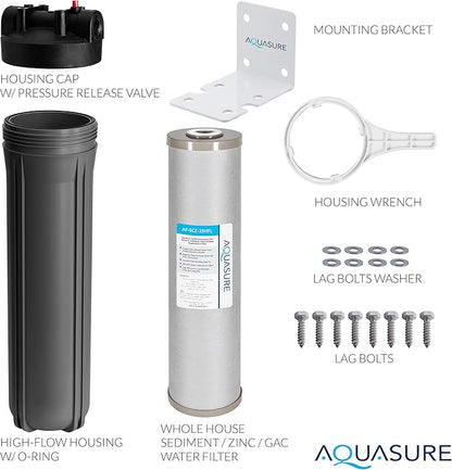 Aquasure Fortitude V2 Series Triple Purpose Sediment/Carbon/Zinc Bacteria Inhibiting Water Treatment Pre-Filter with Housing System, Large Size | Removes 99% of Contaminants (AS-FL-25SCZ)
