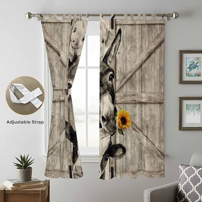 Funny Farm Animals Living Room Curtains 84 Inch Length, Window Curtains Tab Top, Vintage Barn Brown Sunflowers Light Filtering Window Treatments Drapes 52"x84" 2 Panel