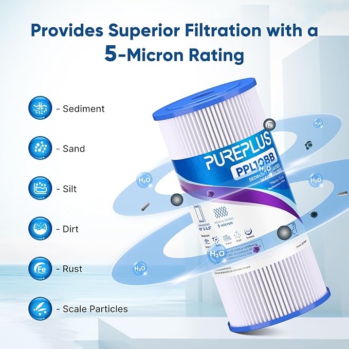 PUREPLUS 5 Micron 10" x 4.5" Whole House Pleated Sediment Filter for Well Water, Replacement Cartridge for GE FXHSC, Culligan R50-BBSA, Pentek R50-BB, DuPont WFHDC3001, W50PEHD, GXWH40L, 4Pack