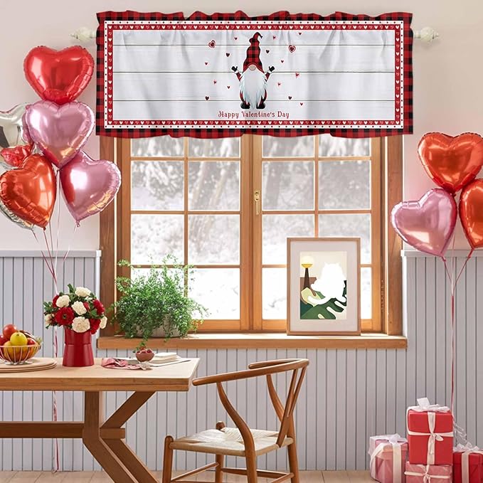 Valentine's Day Valance Curtains for Kitchen, Gnome Red Love Plaid Wood Grain Privacy Rod Pocket Valance Curtain, Light-Filtering Window Treatment for Bedroom Bathroom, 60"x14"