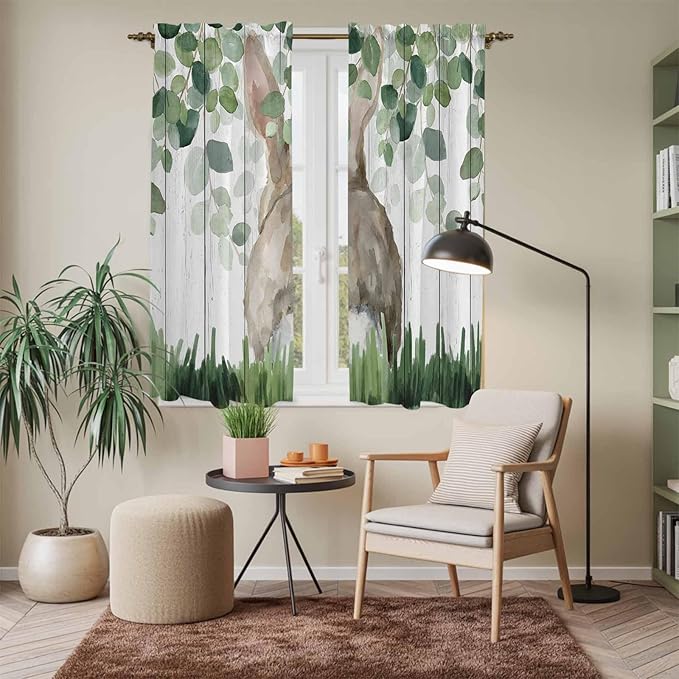 Easter Kitchen Curtains, Country Rabbit Botanical Leaves Wooden Grain Light Filtering Window Curtain Panels, 2Pcs Rod Pocket Window Treatments Set for Living Room Bathroom Bedroom 42x63 Inches