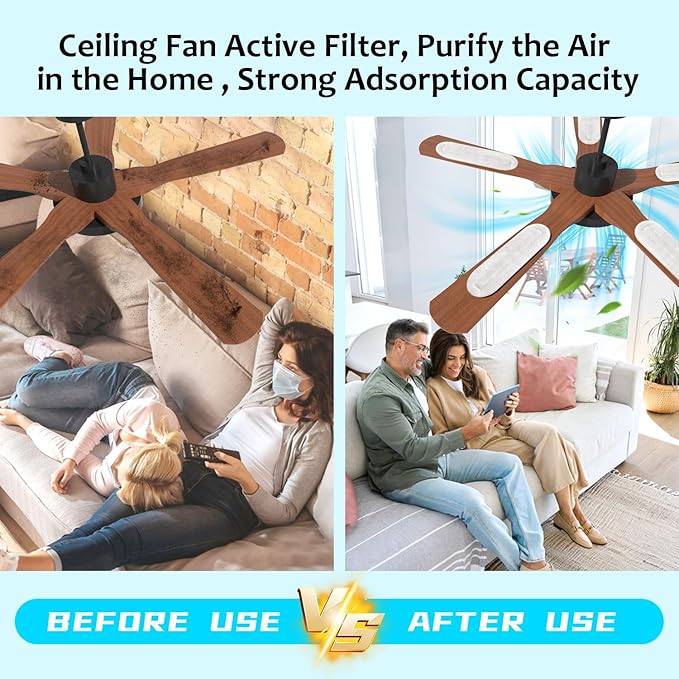 2026 Upgrade 5pcs Ceiling Fan Filters for Blades Easy-Stick Strong Fixity Activated Coconut Carbon Fan Filter for Ceiling Fan, Universal Fan Blade Air Fresh Purifier Cat Litter Box Filter, White
