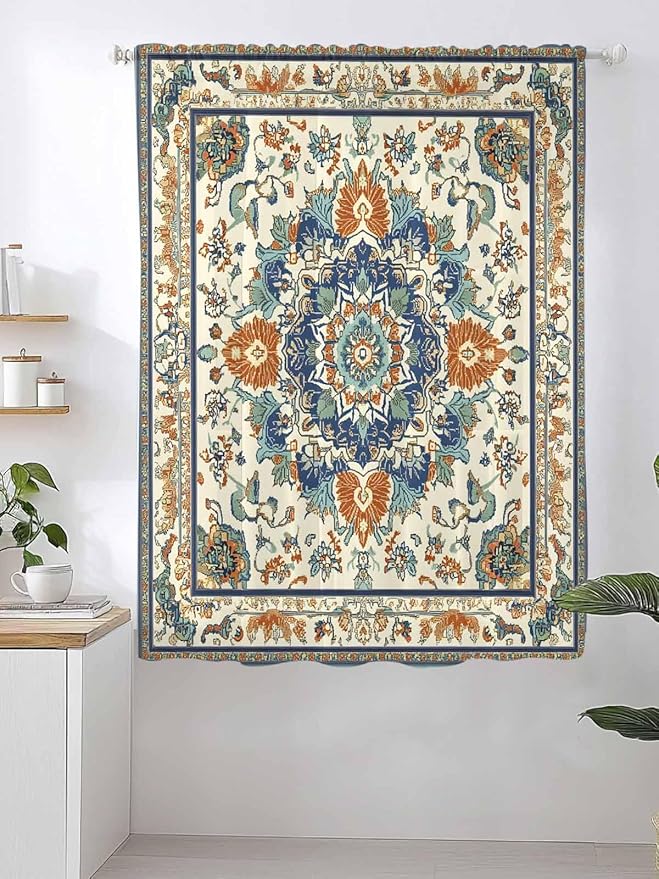 Sheer Curtains 72 Inches Long, Southwest Farmhouse Semi Sheer Curtains Light Filtering Window Treatment, Orange Blue Desert Bohemian Privacy Voile Drapes for Living Room Bedroom 52x72 Inch