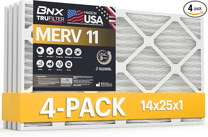 BNX TruFilter 14x25x1 Air Filter MERV 11 (4-Pack) - MADE IN USA - Allergen Defense Electrostatic Pleated Air Conditioner HVAC AC Furnace Filters for Allergies, Dust, Pet, Smoke, Allergy MPR 1200 FPR 7