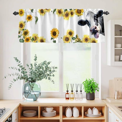 Kitchen Curtains Tiers and Valance Set of 3, Cow Sunflowers Light Filtering Window Curtain Set, Spring Botanical Floral Flowers Animals Rod Pocket Curtain Drapes for Cafe, Living Room, 24 Inches Tiers