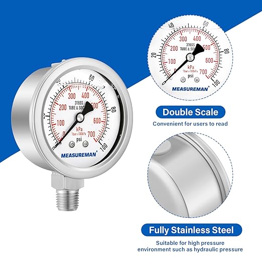 MEASUREMAN Pressure Gauge 1/4 NPT, 0-100psi/kPa Fully Stainless Steel Hydraulic Glycerin Filled Pressure Gauge with 2.5 Inch Dial Size (0-100 psi, Lower Mount - 100% Stainless Steel)